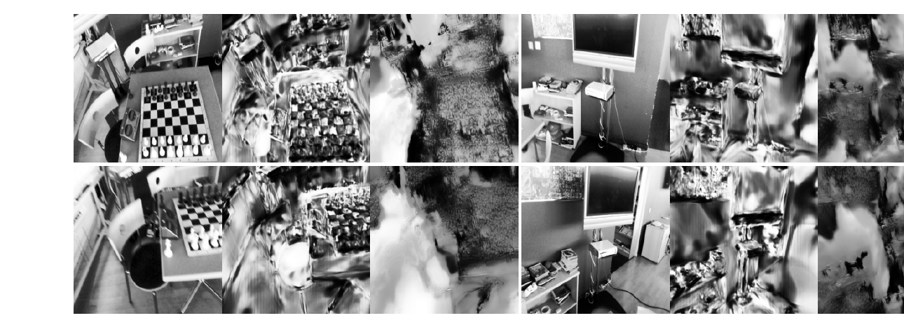 Image-inversion attack (paper Fig. 5). Left to right: original image; image reconstructed by inverting the rendered features (GSFFs-PR Feature, still leaks recognizable detail); image reconstructed by inverting the rendered segmentation (GSFFs-PR Privacy, appearance is obfuscated).