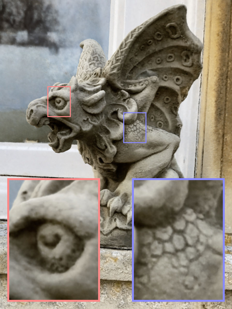 Instant-NGP 重建的石像鬼 (gargoyle)，展示多分辨率哈希编码捕获的细节：眼球纹理与鳞片微结构