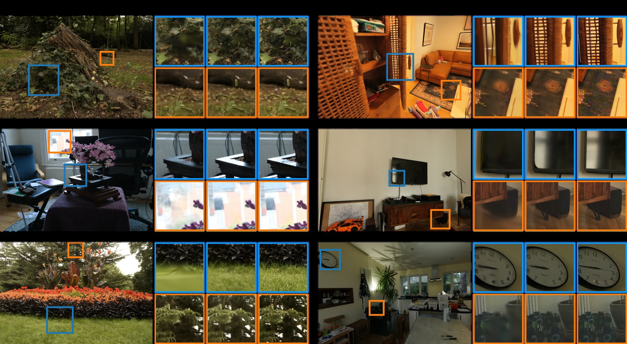 SMERF 与 3DGS 在 mip-NeRF 360 / Zip-NeRF 数据集上质量对比：SMERF 在薄几何、高频纹理、镜面高光上均优于 3DGS