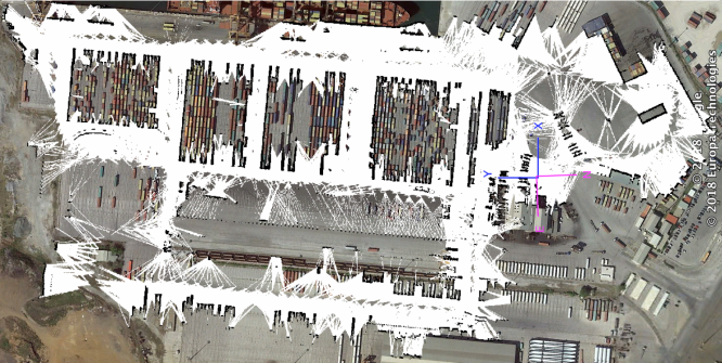 LOGIMATIC 港口场景：载运车（straddle carrier）点云地图 + 集装箱检测（鸟瞰）